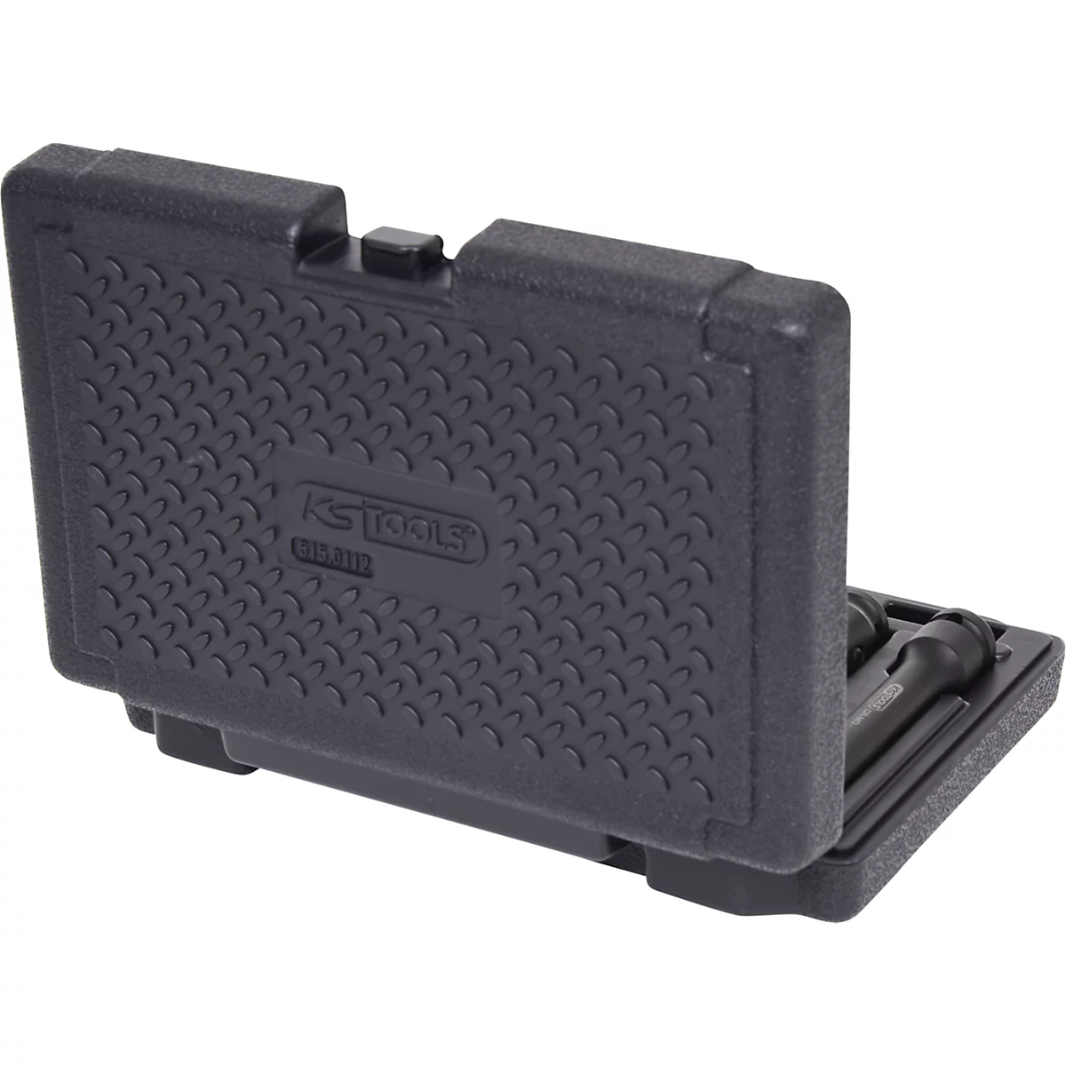 Dunkelgrauer Werkzeugkasten, teilweise geöffnet, mit Werkzeugen. Auf dem Deckel befindet sich der Schriftzug "KS TOOLS".